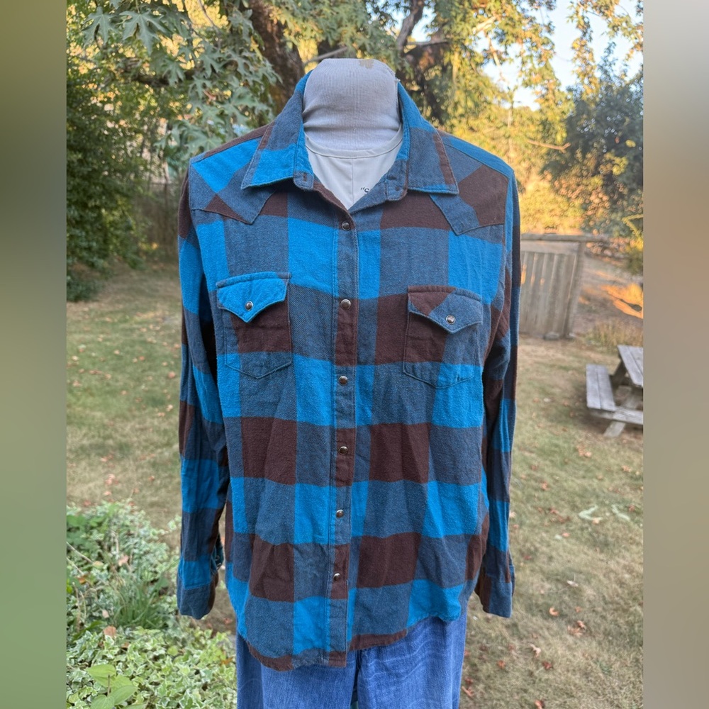 Wrangler Teal and Brown Plaid Pear Snap Shirt XL